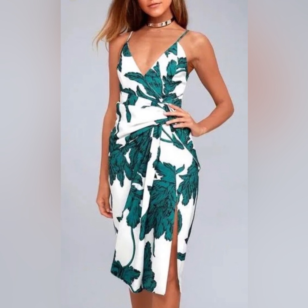 C/Meo Enlightened White and Green Print Midi Dress |